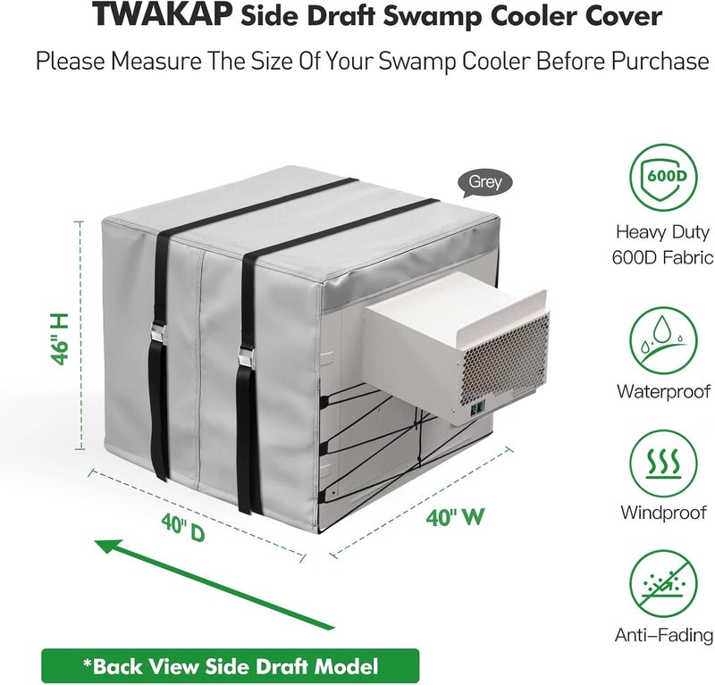 TWAKAP Side Draft Swamp Cooler Cover with 2 Tie Down Straps, Heavy Duty Side Draft Evaporative Cooler Cover, Waterproof Evaporative Cooler Side Discharge Covers, 40" W x 40" D x 46" H - Image 3